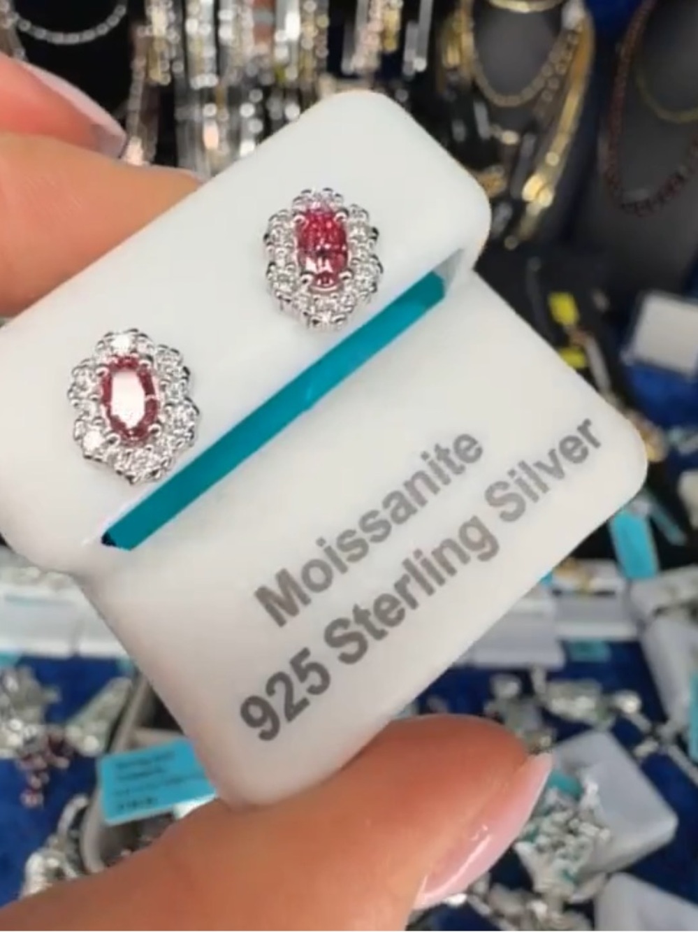 Pink Oval Moissanite Halo Stud Earrings in Sterling Silver